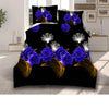 Parure de lit noir motif fleur bleue et blanche