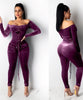 Combinaison sexy moulante en velours avec épaules dénudées