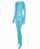 Combinaison pantalon transparente bleue en dentelle