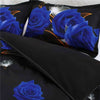 Parure de lit noir motif fleur bleue et blanche