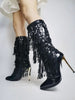 Botte vintage mi mollet noires avec franges et talons aiguilles