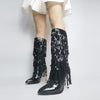 Botte vintage mi mollet noires avec franges et talons aiguilles