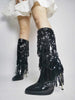 Botte vintage mi mollet noires avec franges et talons aiguilles