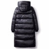 Doudoune longue noire en duvet à capuche pour femme