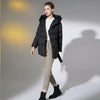 Doudoune noire mi-longue avec capuche et ceinture pour femme