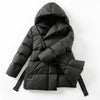 Doudoune noire mi-longue avec capuche et ceinture pour femme