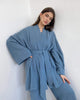 Ensemble kimono court femme en crêpe uni bleu