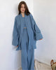 Ensemble kimono court femme en crêpe uni bleu