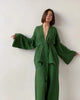 Ensemble kimono court femme en crêpe uni vert foncé