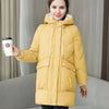 Doudoune jaune mi-longue à capuche pour femme
