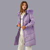 Doudoune longue à fourrure violette pour femme