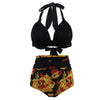 Maillots de Bain Vintage noir à fleurs taille haute